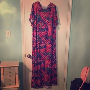 EUC LulaRoe Maria Dress Navy Pink Green Geo Floral
